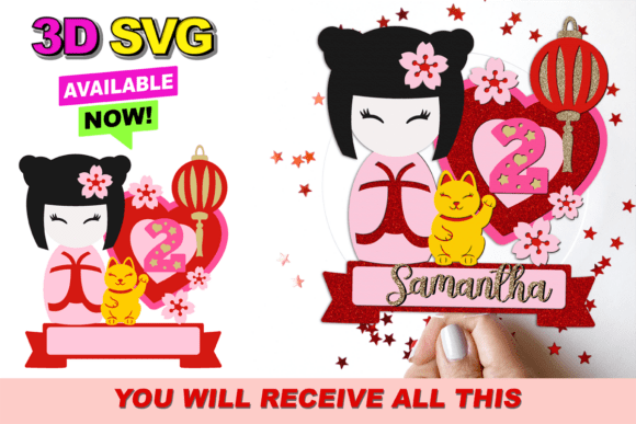 Cute Kokeshi Doll Cake Topper 3D SVG for Laser Cutting