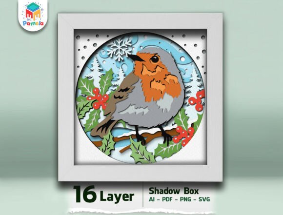 Robin Bird Christmas 3D SVG Shadow Box for Creative Marketing
